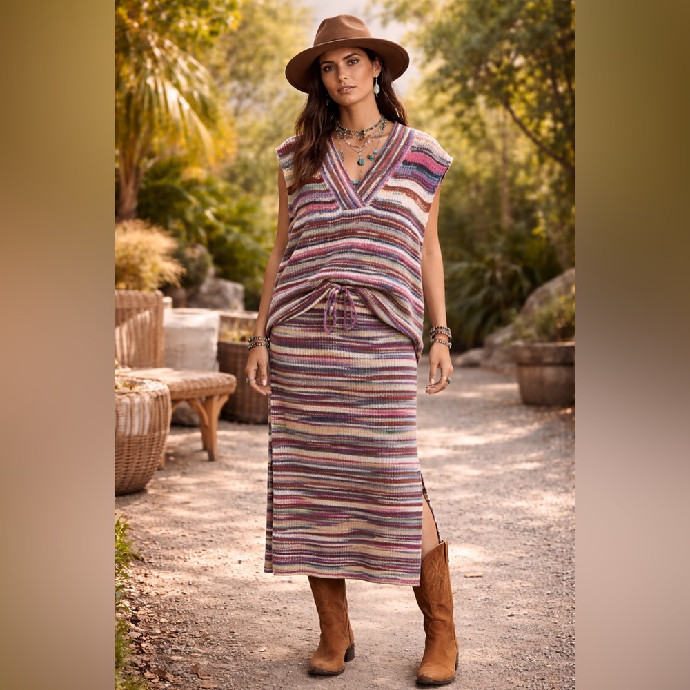 Anthropologie Callahan Space Dye Knit Set Variegated Stripe Vest & Midi Skirt Sm